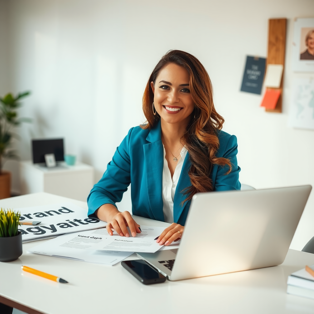 Professional woman entrepreneur Sarah Martinez working at modern desk with laptop, surrounded by brand strategy documents and mood boards, confident smile, natural lighting, contemporary office setting