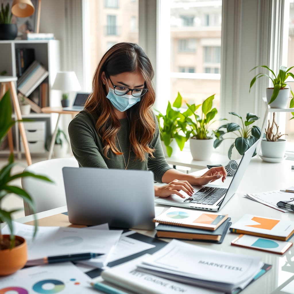 Sarah Martinez working at her desk with laptop and design materials spread around her in a bright modern home office with plants and natural light