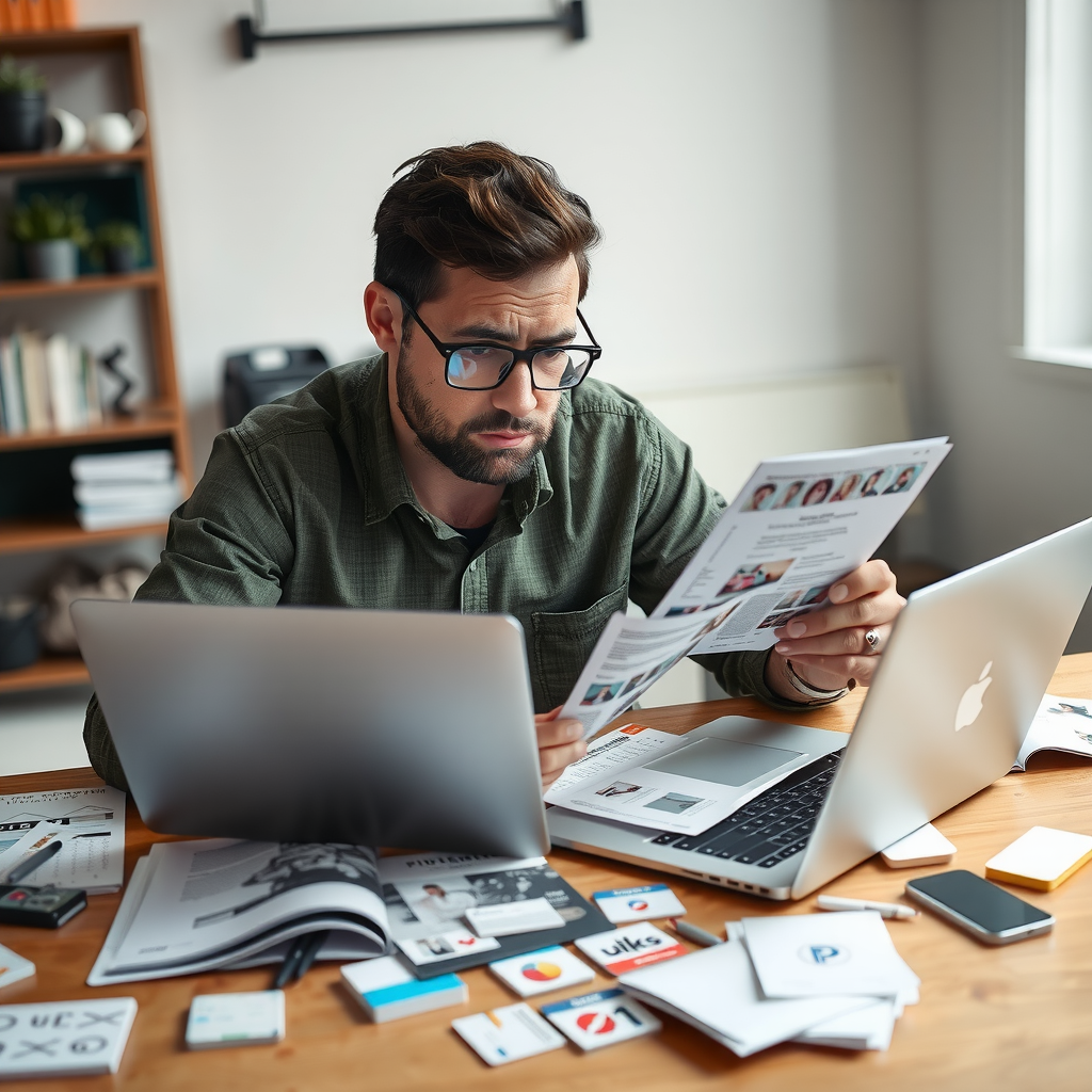 Small business owner reviewing inconsistent brand materials with concerned expression, laptop open showing social media profiles, scattered business cards and marketing materials on desk