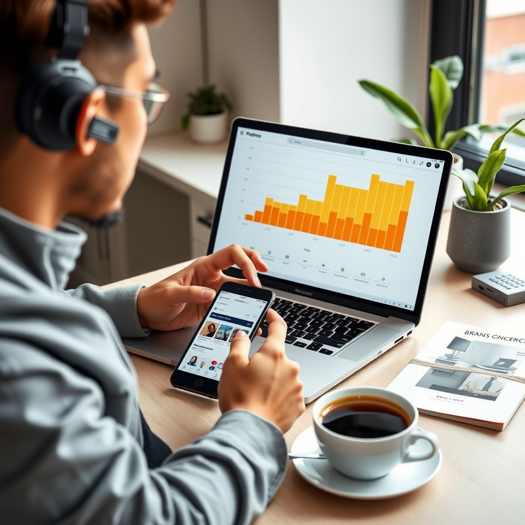 Modern workspace showing a small business owner analyzing social media engagement metrics on a laptop, with smartphone displaying authentic content creation, surrounded by brand consultation materials and coffee, representing the micro-influencer approach to personal branding