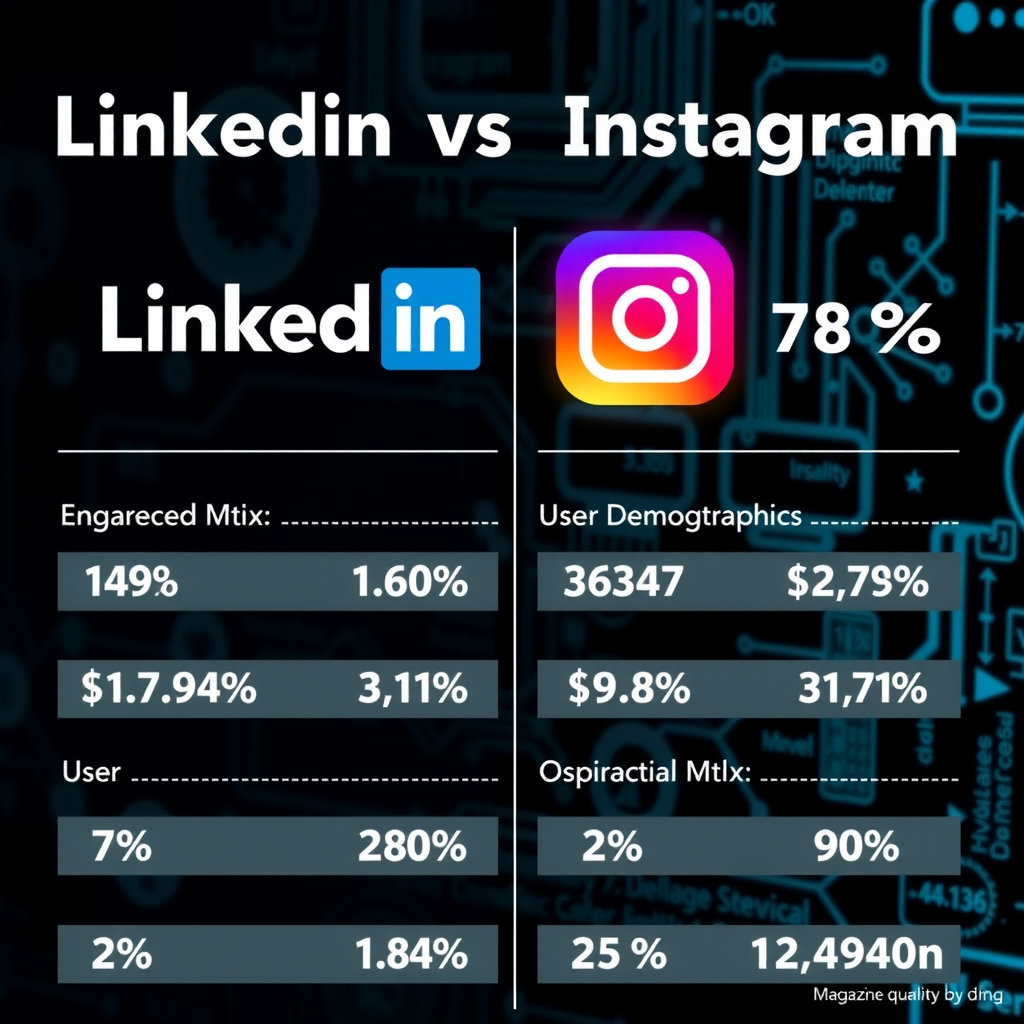 Side-by-side comparison chart showing LinkedIn and Instagram logos with engagement metrics, user demographics, and platform statistics overlaid on a dark tech background with teal accents