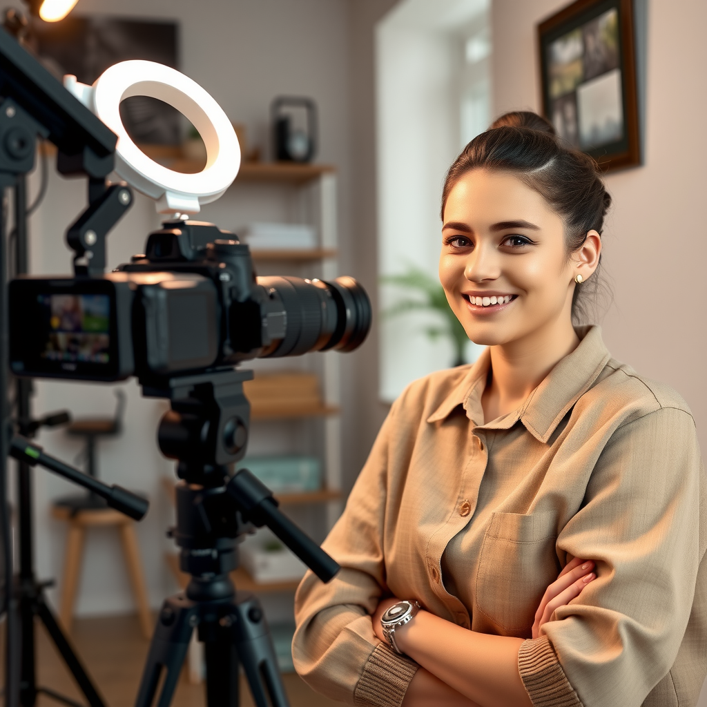 Small business owner recording video content in a well-lit home studio with professional camera, ring light, and microphone setup, showing an approachable and confident personal brand presence