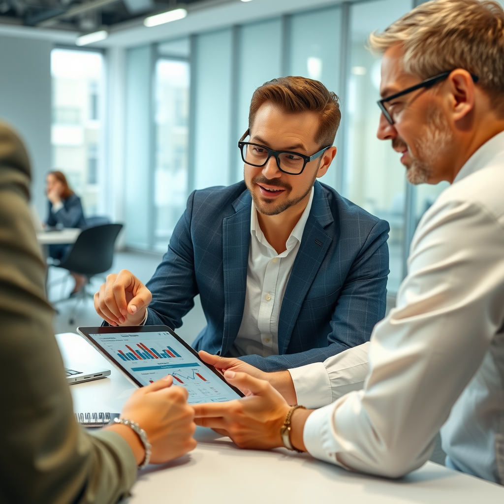 Professional business consultant working with small business owner on brand strategy development, analyzing target audience data and creating unique value proposition roadmap on modern digital tablet in contemporary office setting