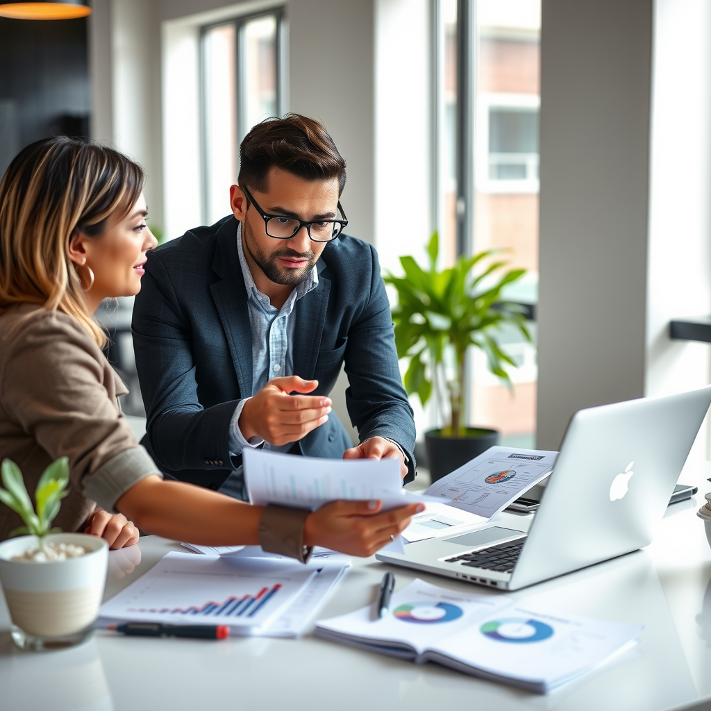 Professional brand strategy consultation session showing a business coach and small business owner collaborating over brand strategy documents, charts, and laptop in a modern, well-lit office environment with strategic planning materials visible