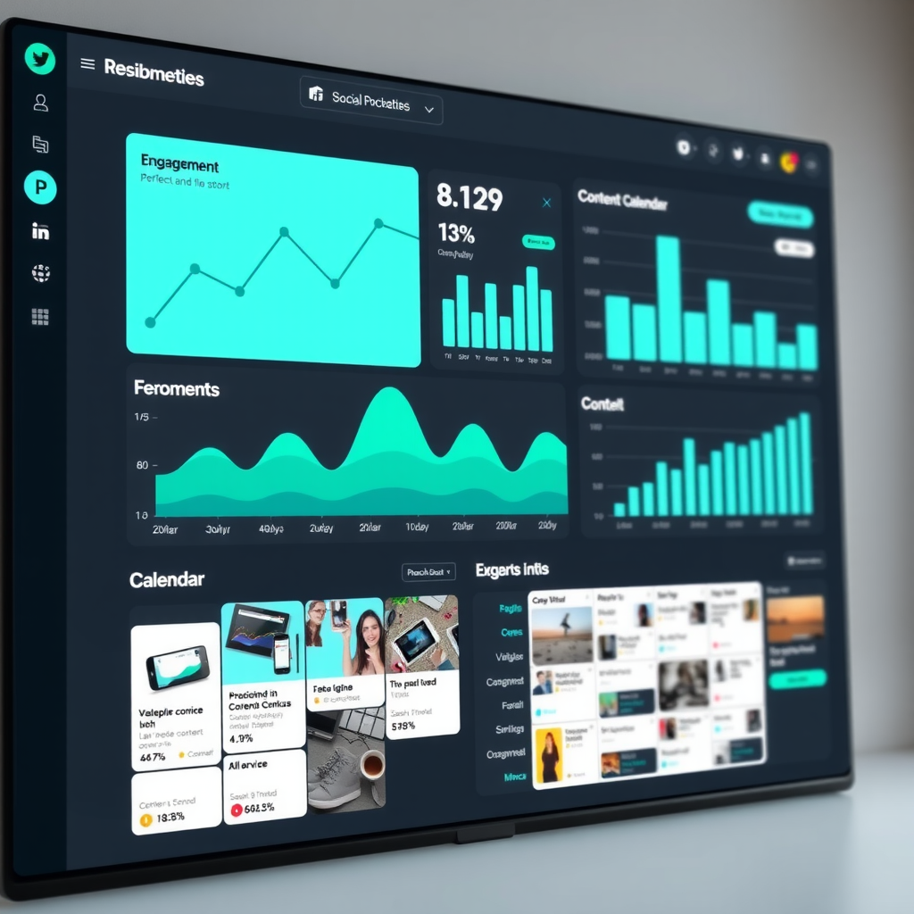 Modern social media dashboard showing analytics, engagement metrics, and content calendar with vibrant teal accents on dark interface