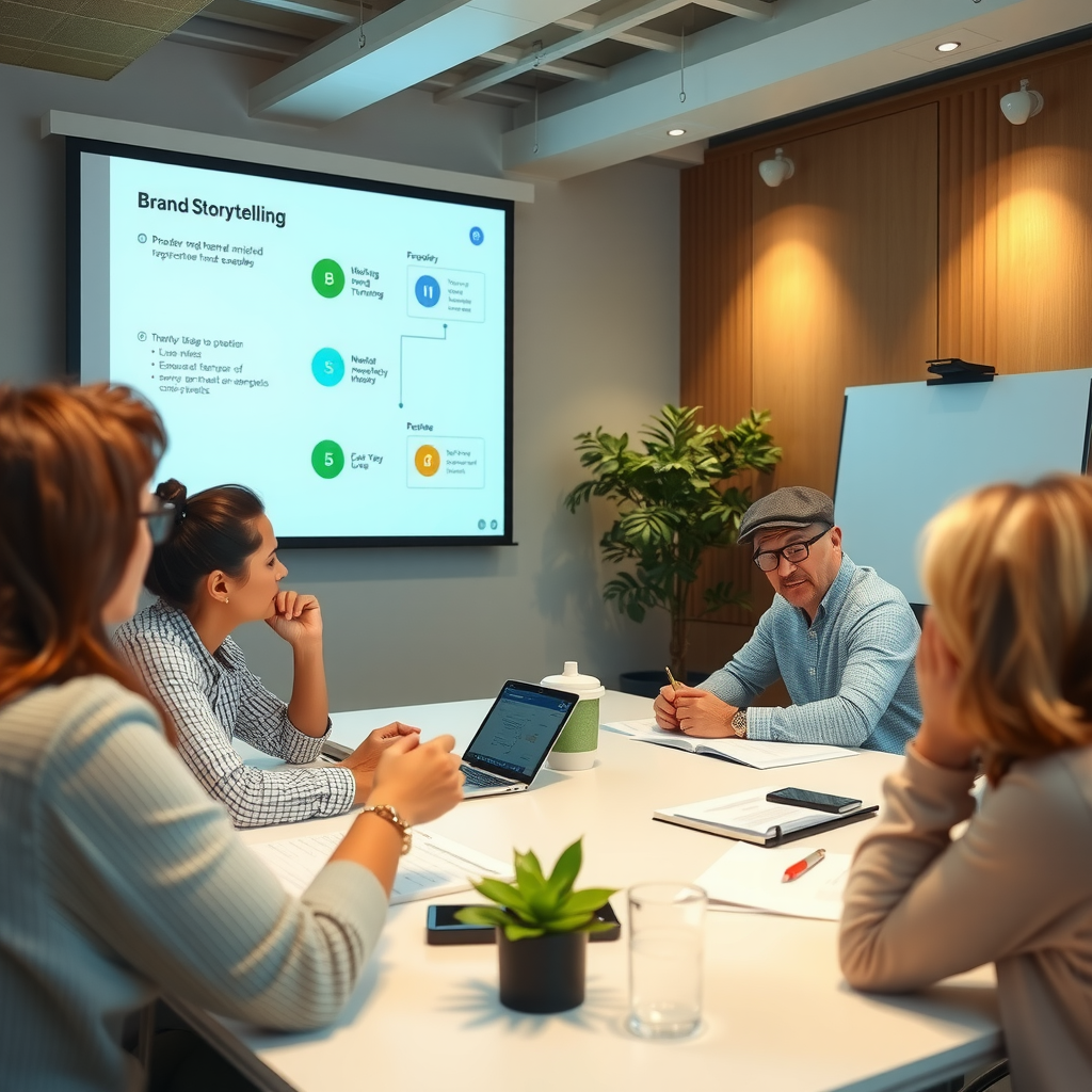 Interactive brand storytelling workshop session with small business owners gathered around a table, engaging in collaborative exercises, with presentation screens showing storytelling frameworks and brand narrative examples in a modern, professional setting