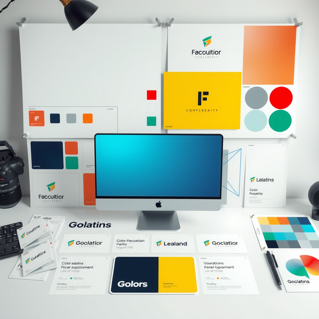Comprehensive brand identity elements including color palettes, typography samples, logo variations, and brand guidelines displayed on a modern workspace with design tools and mood boards