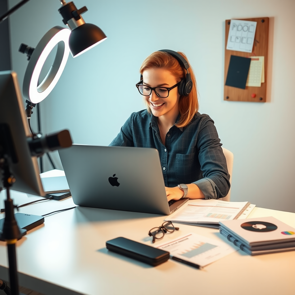 Professional content creator working at modern desk with laptop, ring light, microphone, and content planning materials spread out, creating engaging business content