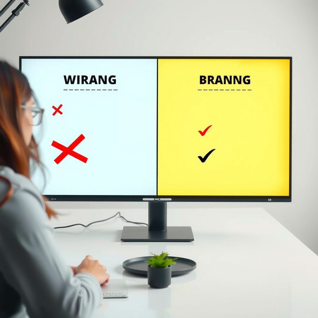 Split screen comparison showing wrong versus right personal branding examples, crossed out mistakes on left side, checkmarks on right side, professional consultation setting, clean modern design