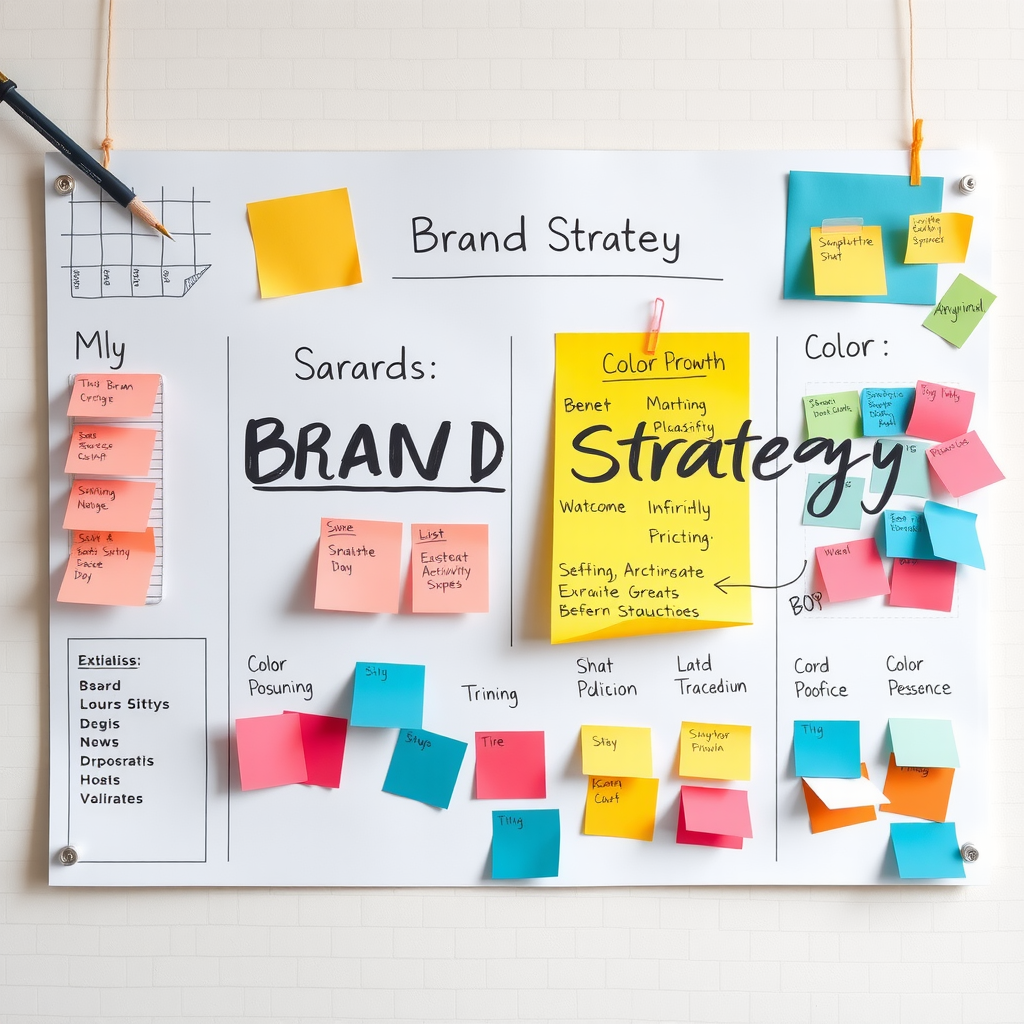 Brand strategy board with sticky notes, mind maps, and color swatches showing Sarah's brand development process