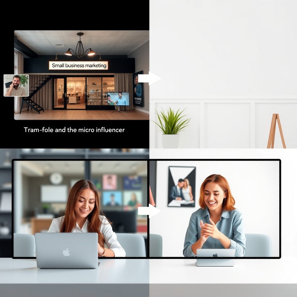 Split-screen image showing transformation from traditional small business marketing to modern micro-influencer approach, featuring authentic behind-the-scenes content creation, community engagement on social media, and consultation sessions with clients, emphasizing the personal brand journey