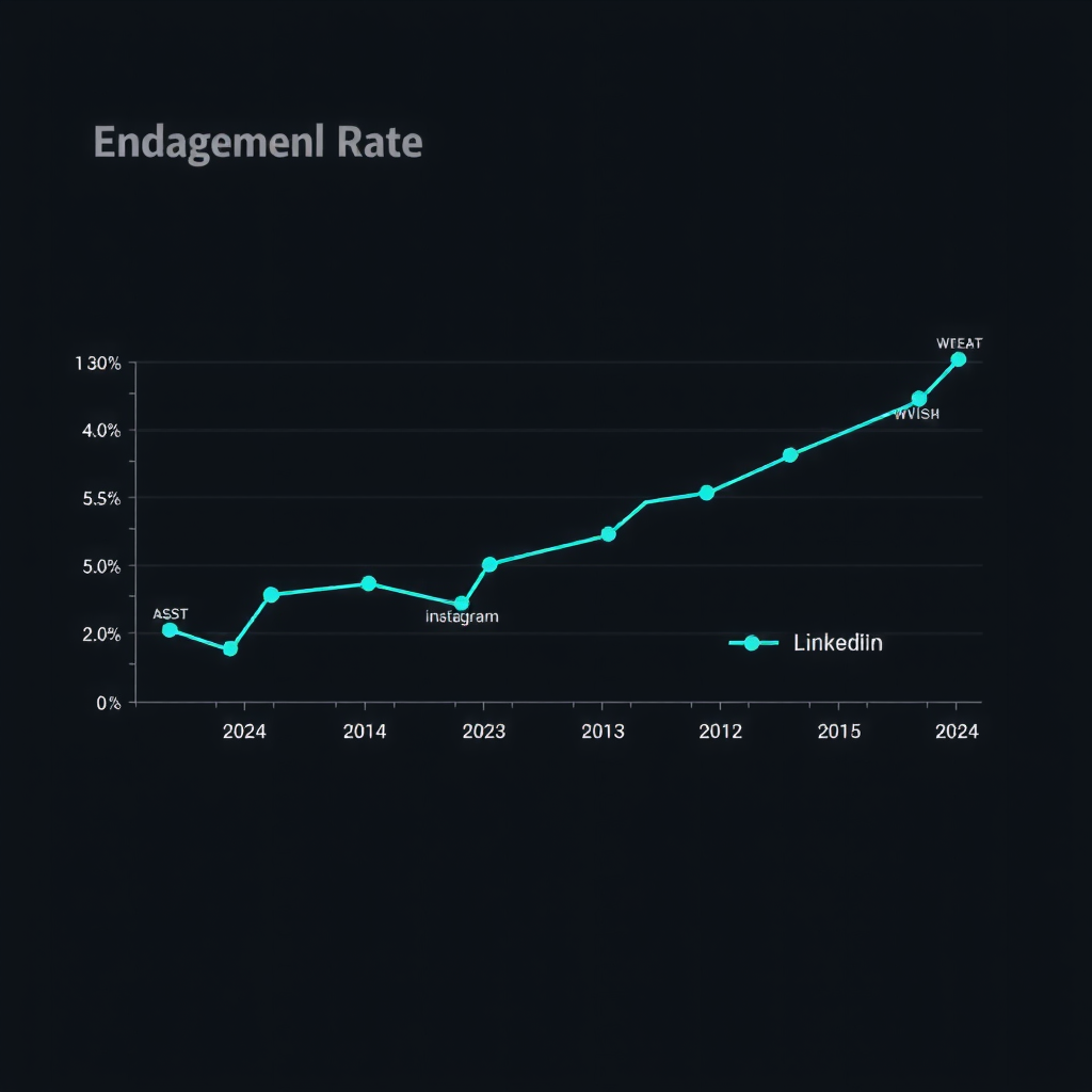 Line graph showing engagement rate trends throughout 2024 for both LinkedIn and Instagram, with LinkedIn showing steady growth and Instagram showing seasonal fluctuations, displayed on dark background with teal data points