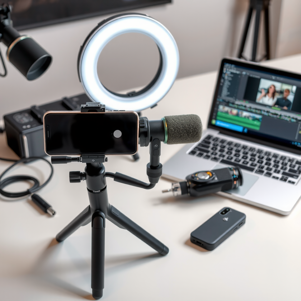 Affordable video production equipment laid out on a desk including smartphone on tripod, USB microphone, ring light, and laptop showing editing software, demonstrating that professional content creation doesn't require expensive gear