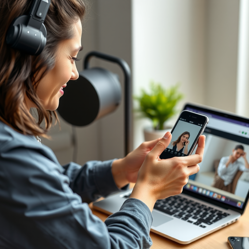 Small business owner creating engaging social media content on smartphone and laptop, showcasing personal brand building through multiple platform profiles with professional photography and authentic storytelling posts