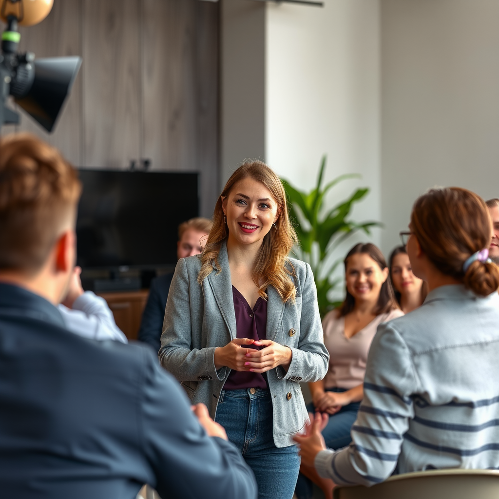 Successful small business owner confidently presenting their personal brand strategy to an engaged audience in a modern workshop setting, demonstrating the transformation achieved through strategic brand consultation and positioning