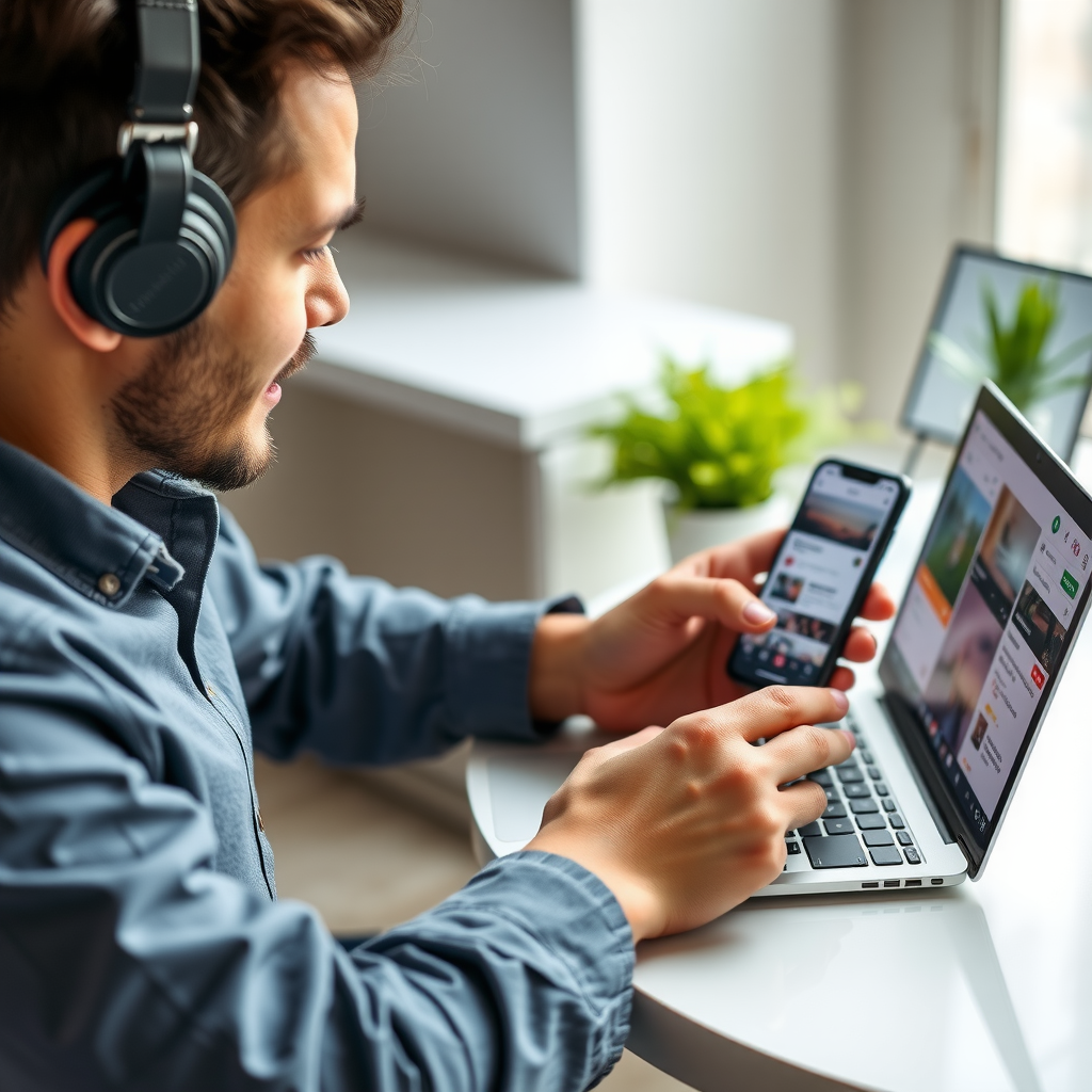 Small business owner creating engaging social media content on laptop with smartphone showing various platform interfaces and content examples