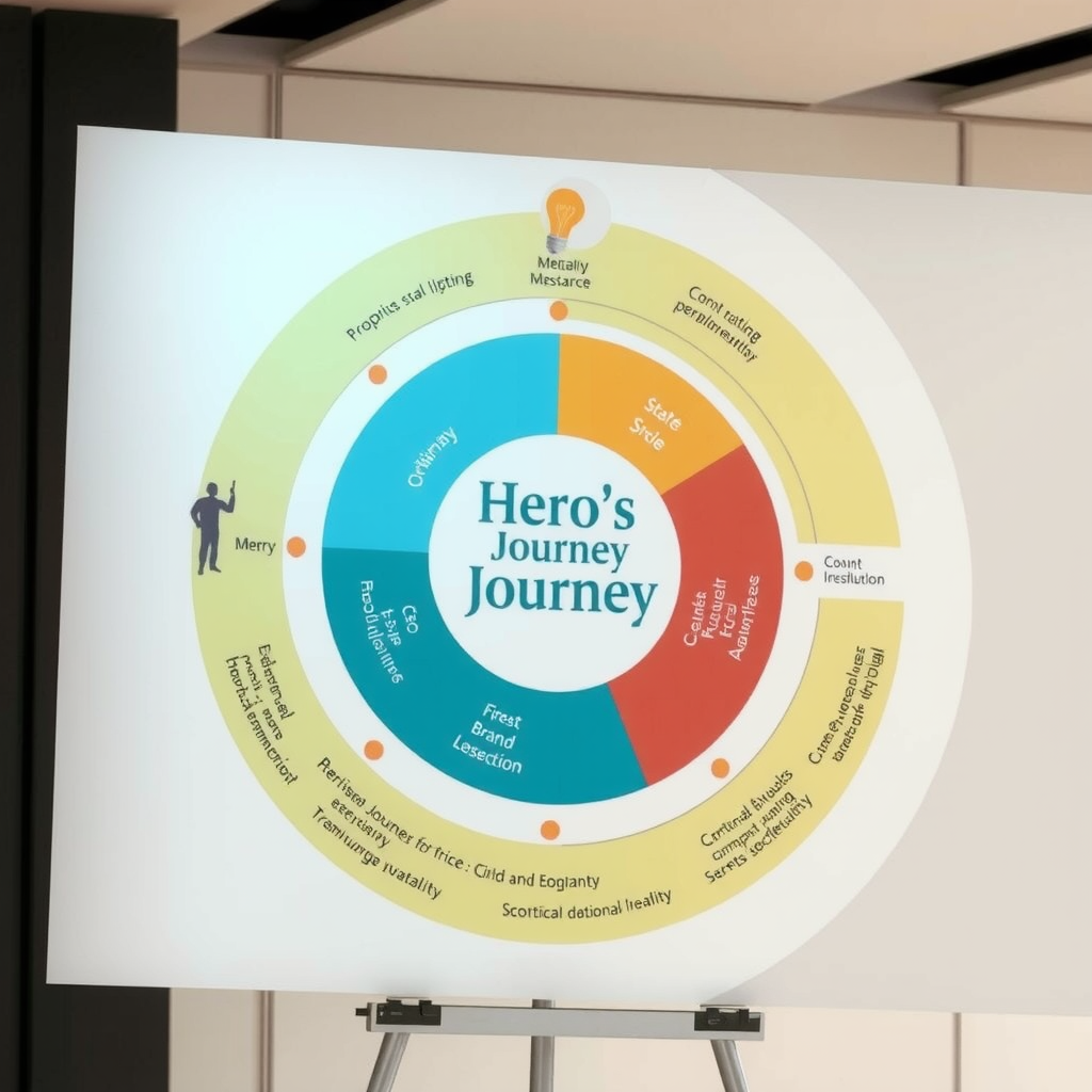 Visual diagram showing the Hero's Journey storytelling framework adapted for brand narratives, with circular flow chart illustrating stages from ordinary world through transformation to return with solution, displayed on a modern presentation board