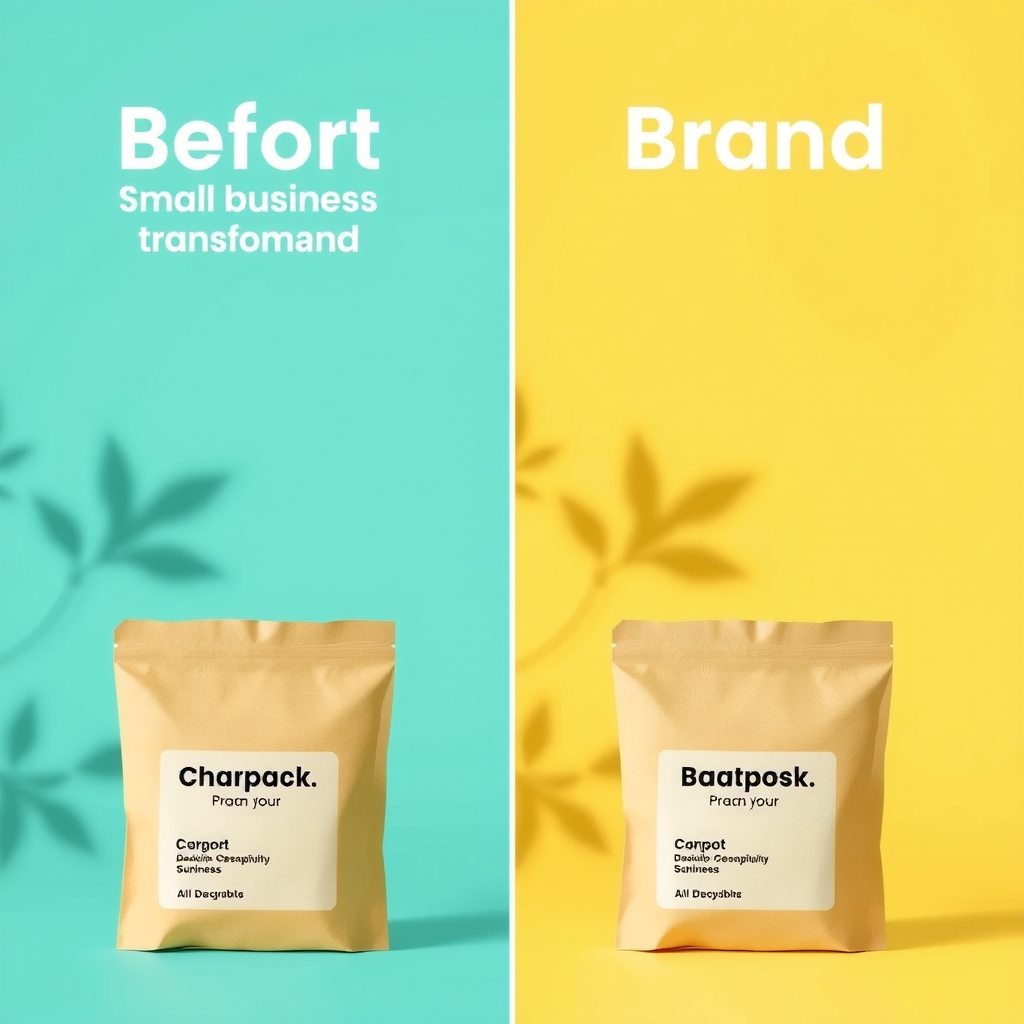 Side-by-side comparison showing a small business brand transformation from inconsistent, amateur visuals to a cohesive, professional brand identity with consistent colors, typography, and imagery across multiple platforms