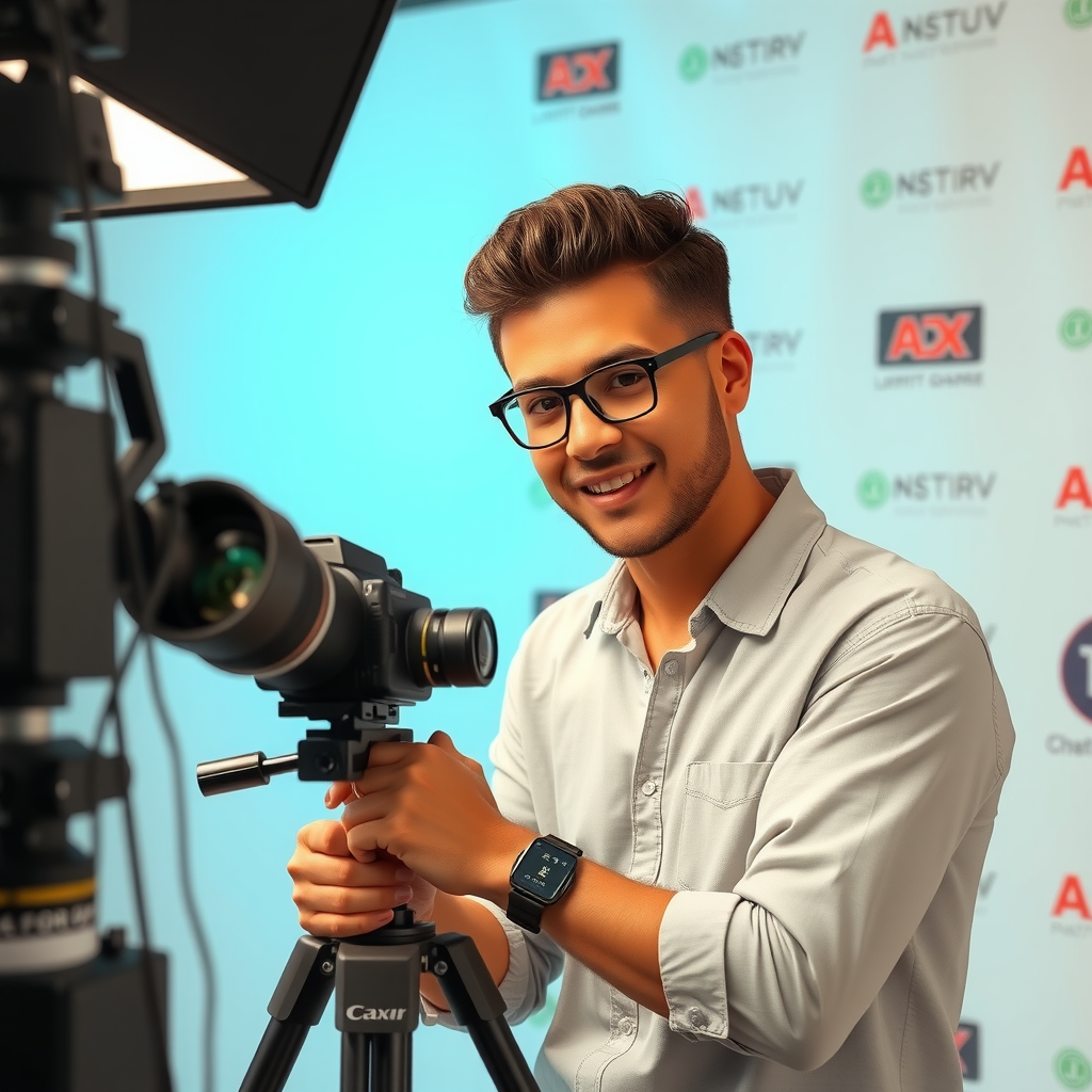 Small business owner confidently recording video content with professional lighting setup, camera on tripod, and branded backdrop showing authority and expertise