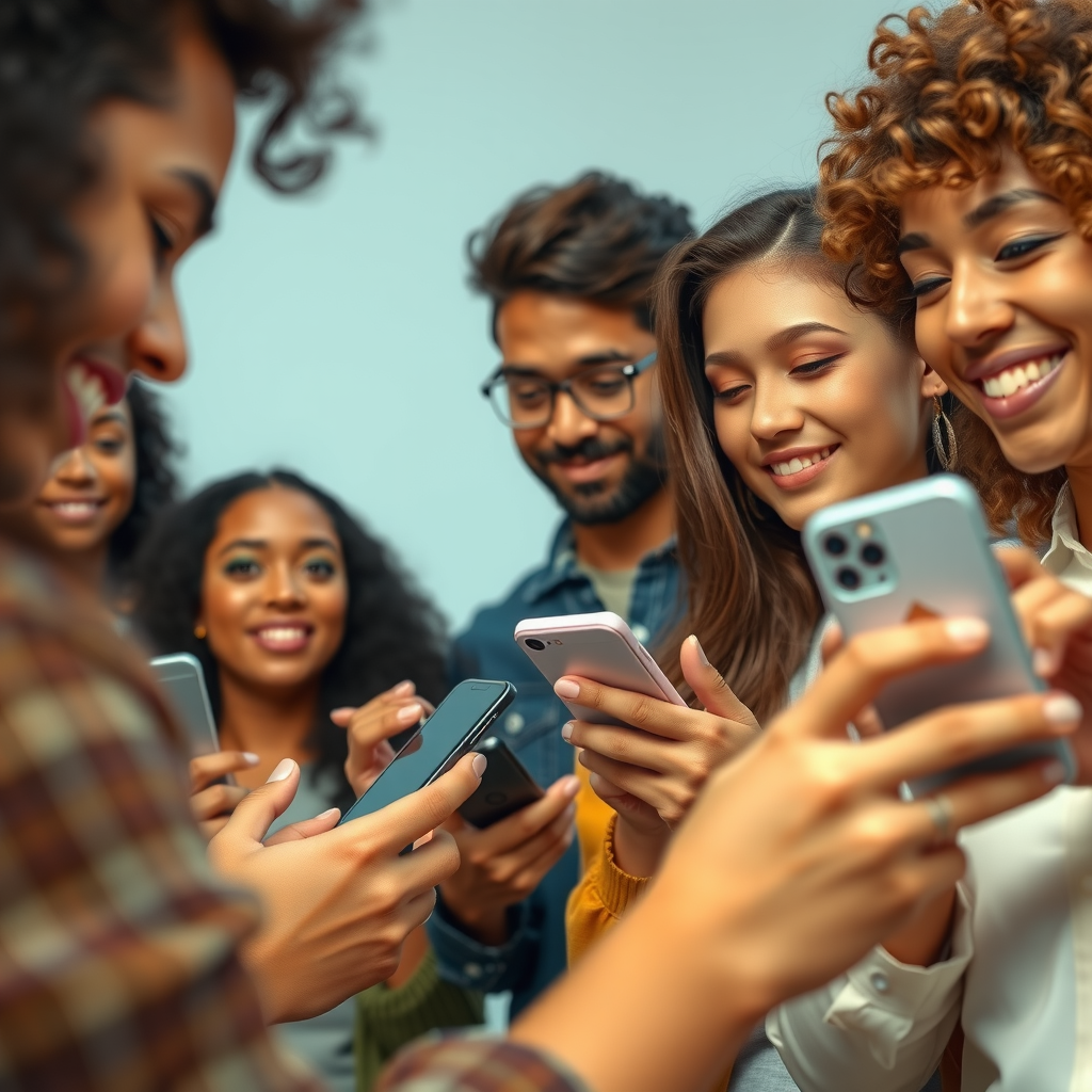 Diverse group of micro-influencers with smartphones creating authentic content, small engaged audience interaction, genuine connections, modern social media aesthetic, warm collaborative atmosphere