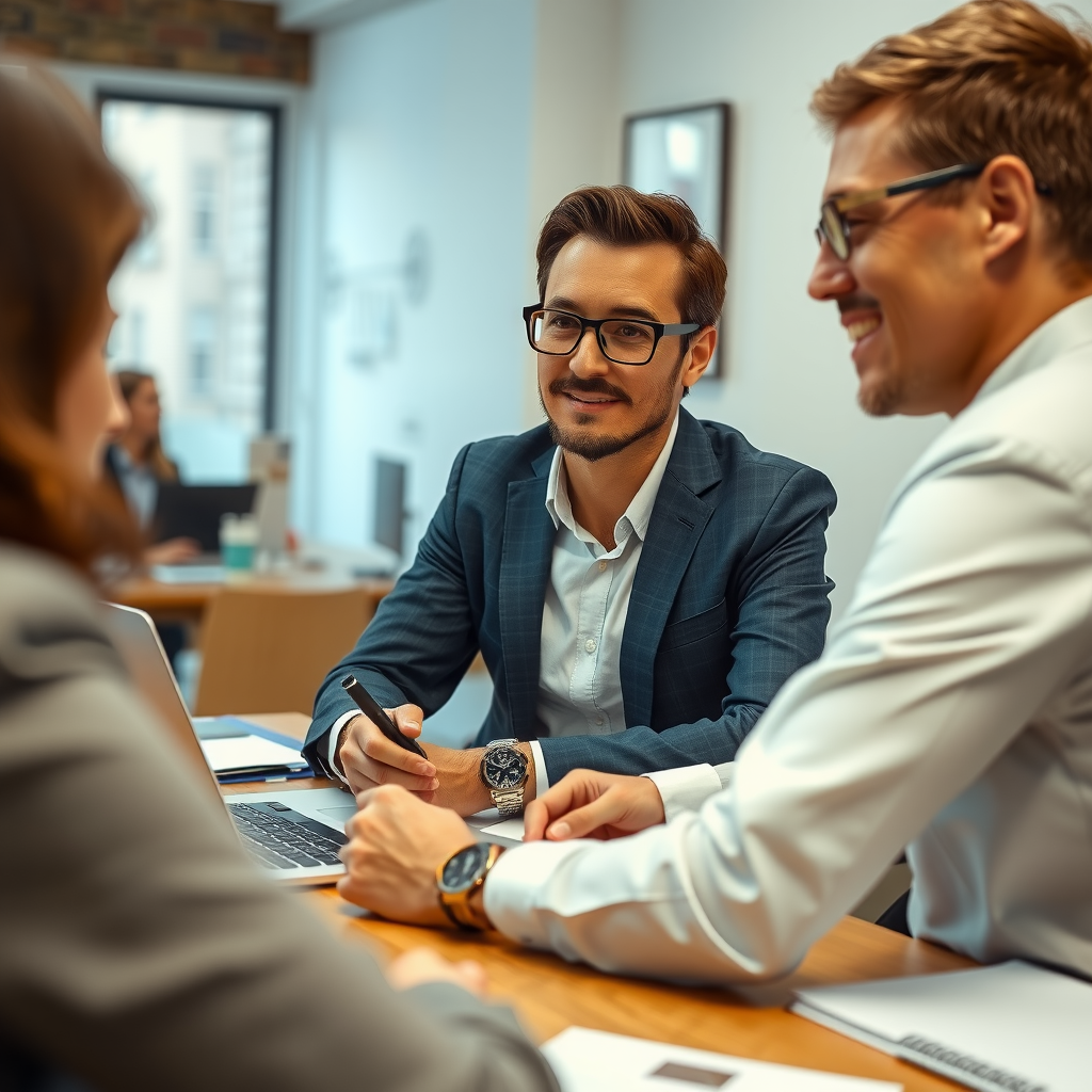 Professional small business owner on video consultation call, taking notes while client speaks, laptop screen showing engaged conversation, warm office setting with brand materials visible