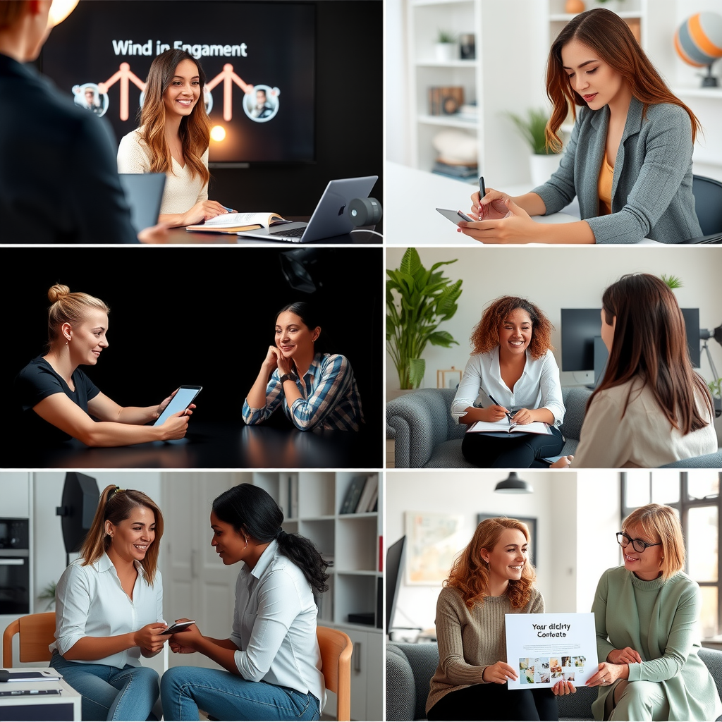 Collage showing various forms of authentic community engagement including live consultation sessions, responding to comments on social media, hosting small group workshops, and celebrating client success stories, demonstrating the personal connection aspect of micro-influencer brand building