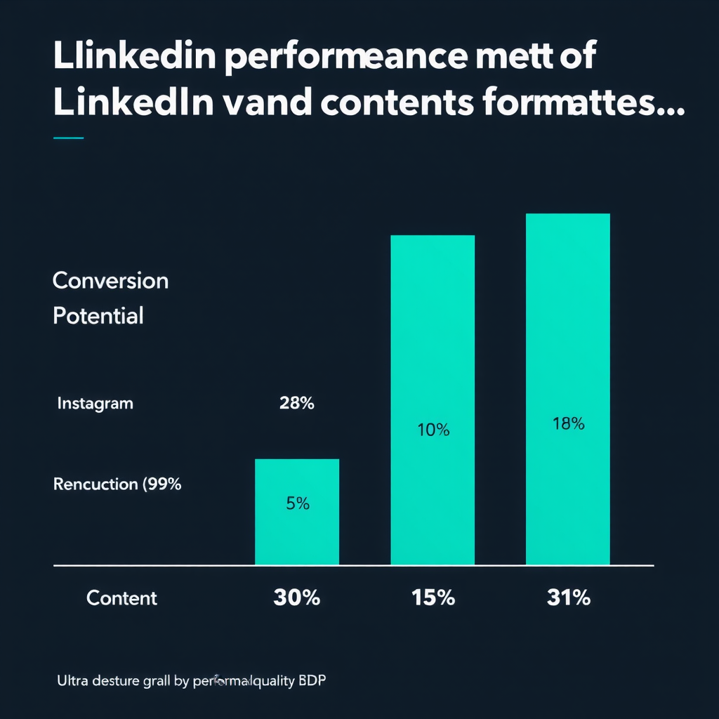 Bar chart comparing performance metrics of different content formats across LinkedIn and Instagram, showing engagement rates, reach, and conversion potential with teal bars on dark background
