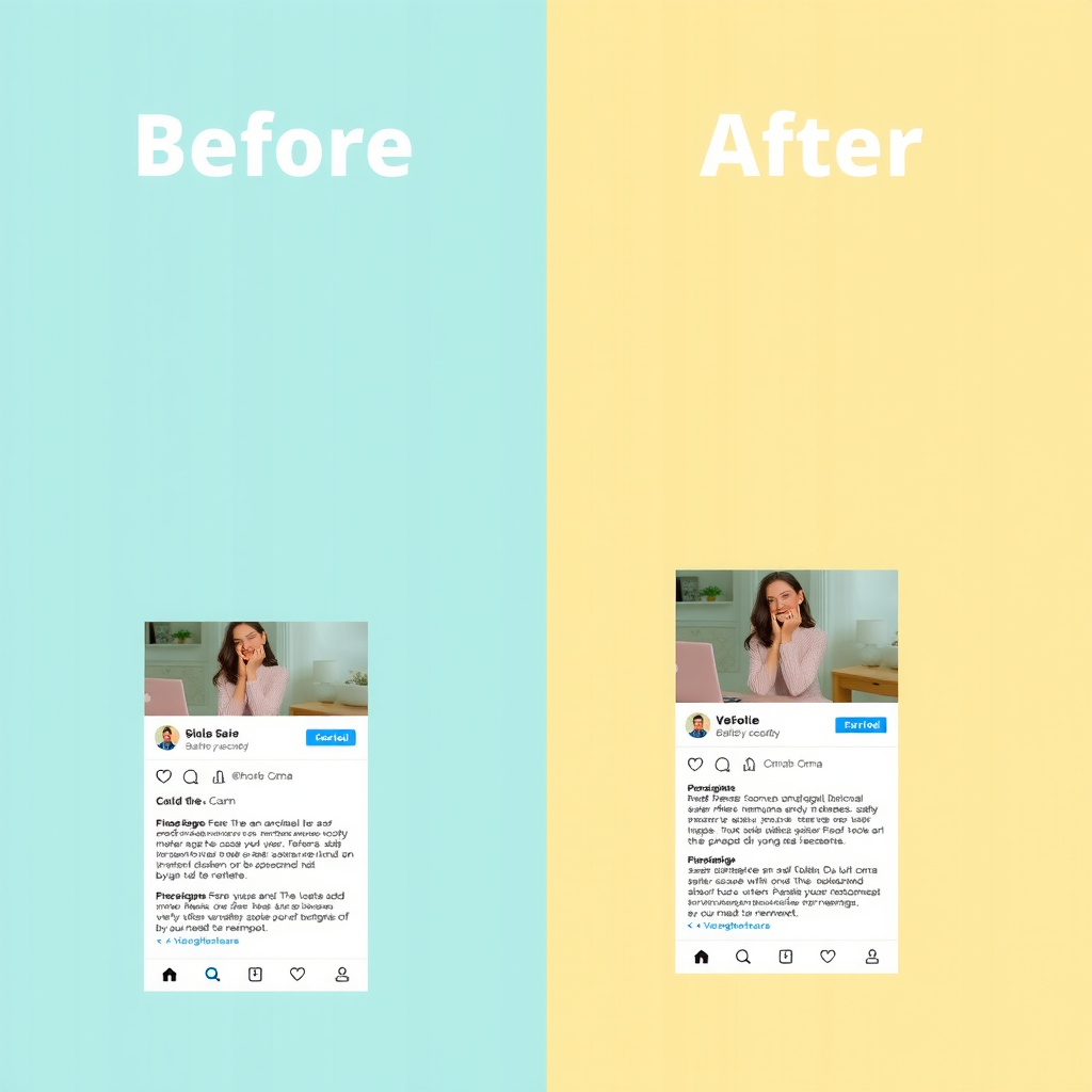 Before and after comparison of social media profile showing transformation from basic to professionally optimized with branded visuals and compelling bio