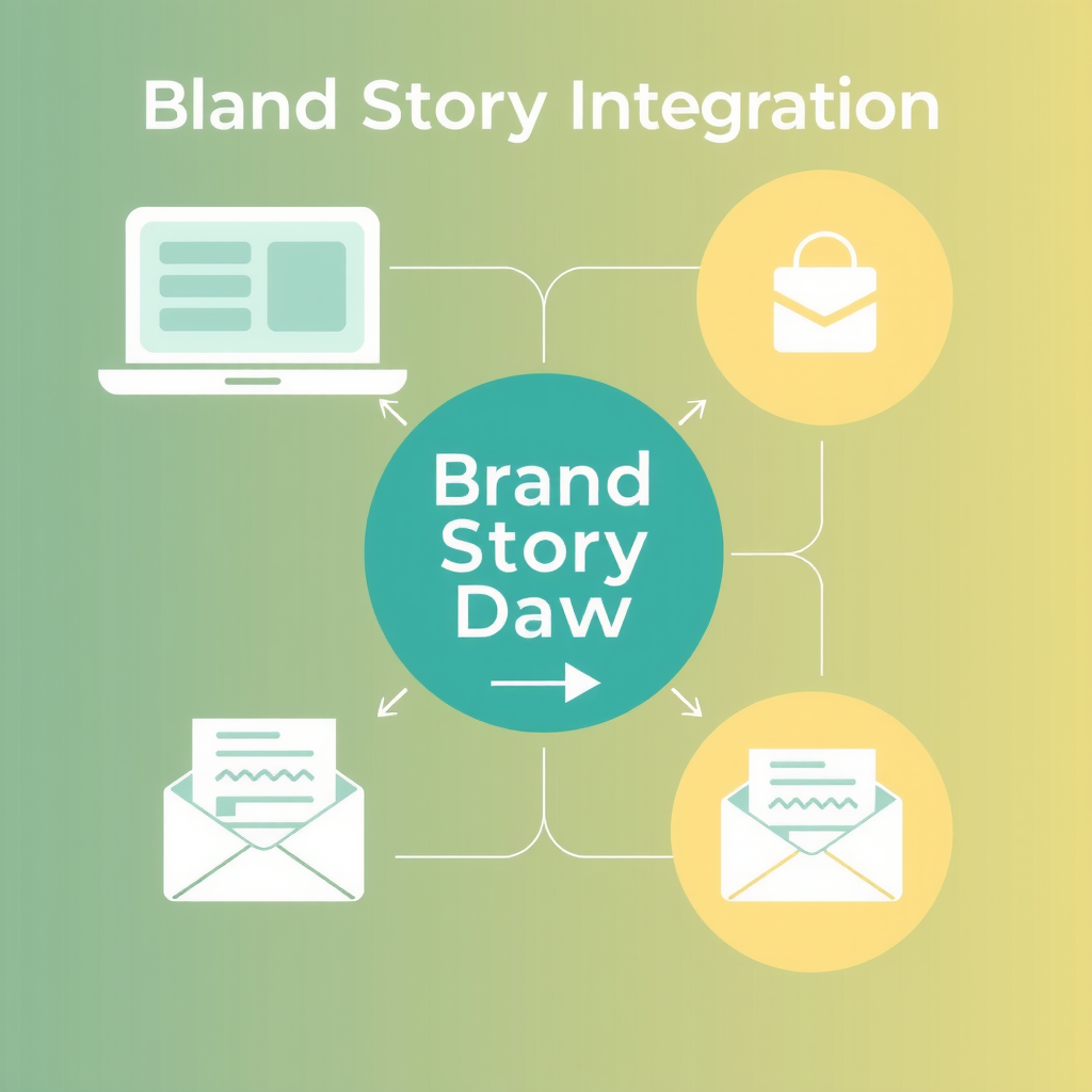 Infographic showing brand story integration across multiple marketing channels including website, social media platforms, email marketing, and in-person consultation, with connecting lines showing narrative consistency and flow between channels