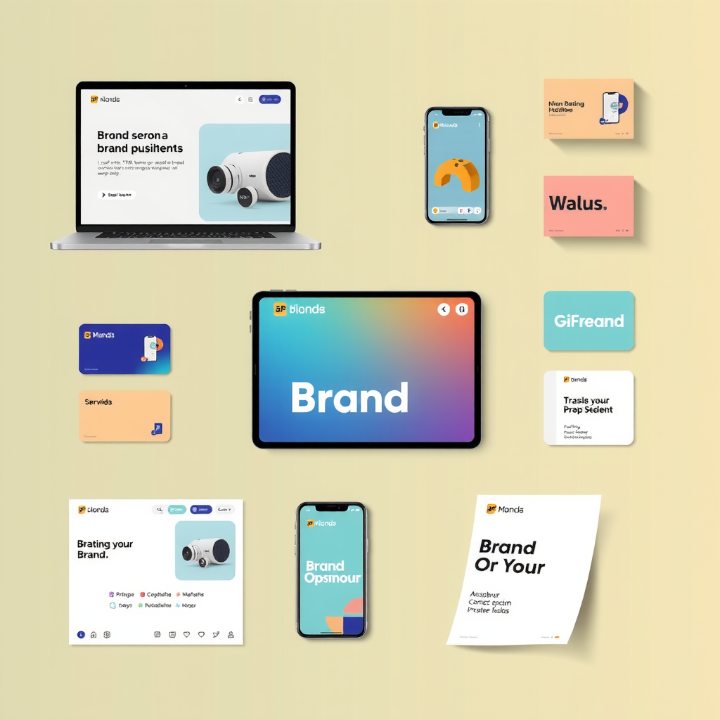 Multiple brand touchpoints displayed including website on laptop, mobile app interface, business cards, social media posts, packaging, and marketing materials all showing consistent visual brand identity with cohesive colors and typography