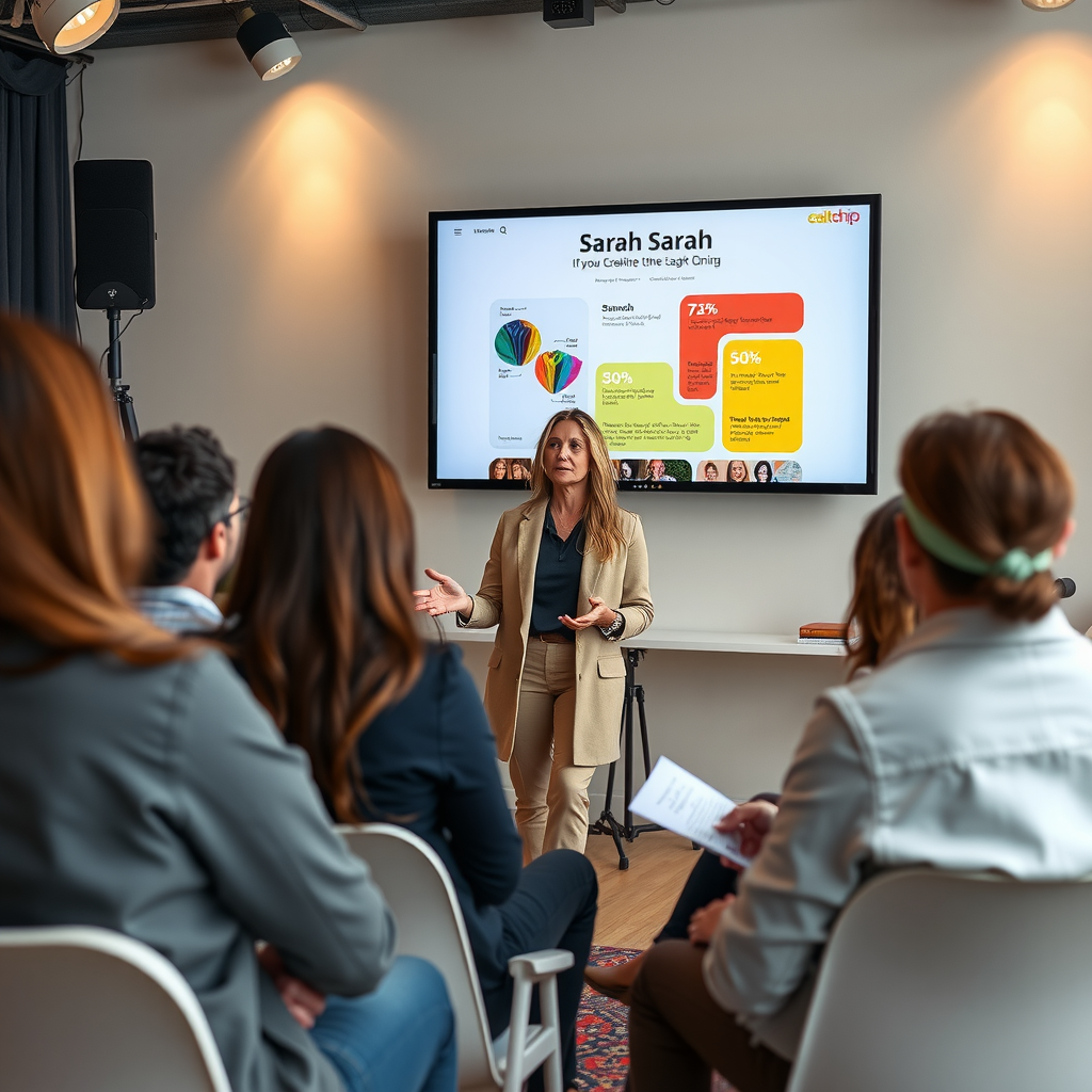 Sarah presenting to a small group of entrepreneurs at a workshop with her brand materials displayed on screen