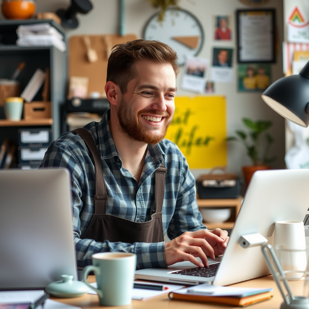 Genuine candid photo of small business owner in their workspace, smiling naturally while working, personal touches visible in background, authentic and relatable atmosphere showing real personality