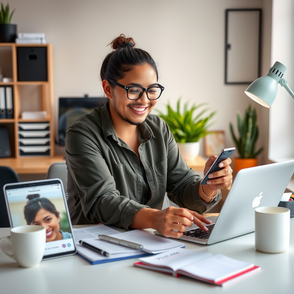Inspiring image of a small business owner confidently creating content at their workspace, with multiple devices showing engaged community interactions, consultation bookings, and growing brand presence, symbolizing the successful implementation of micro-influencer strategies for personal brand building
