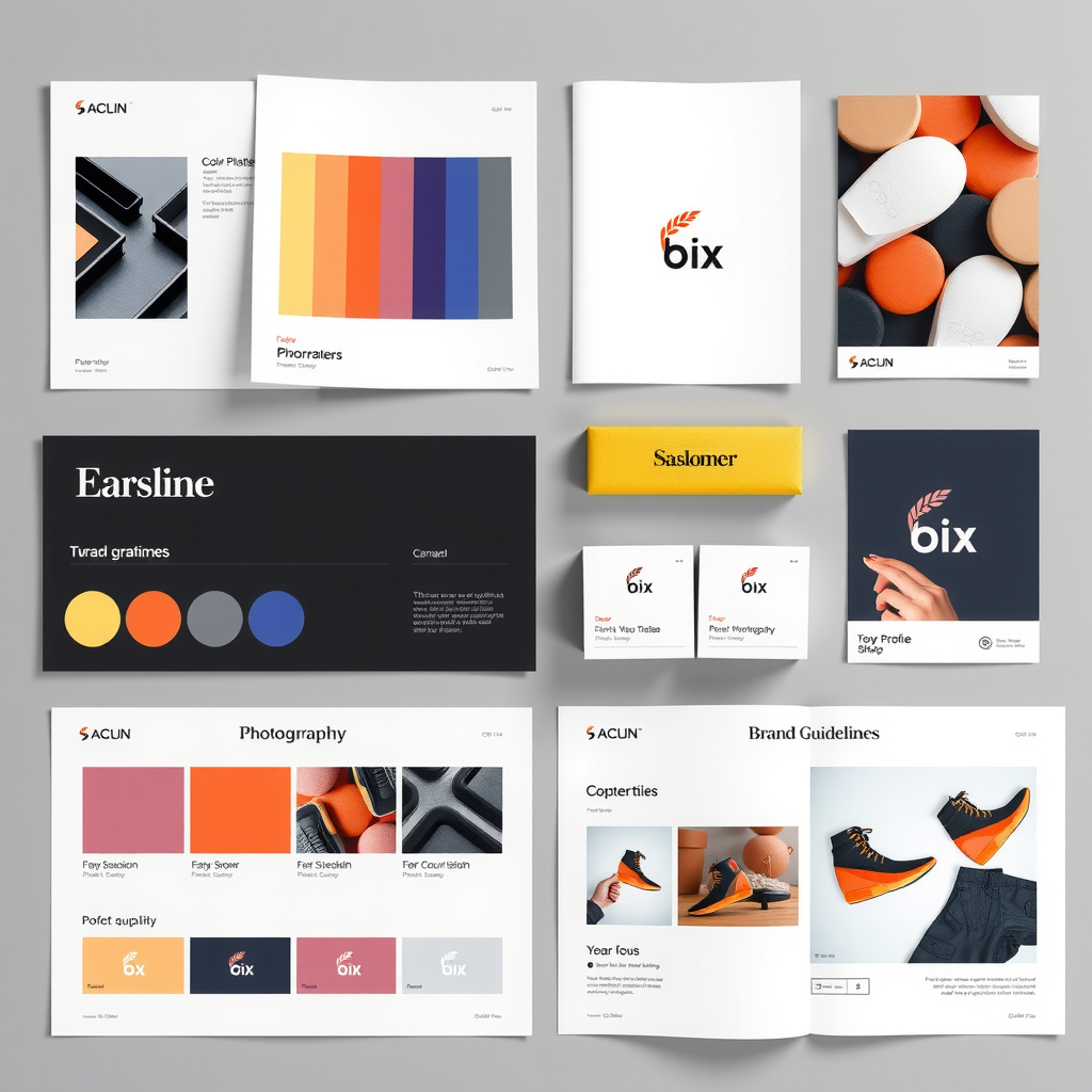 Professional designer presenting cohesive visual brand identity package with color palette swatches, typography samples, logo concepts, photography style guide and brand guidelines documentation for small business personal branding