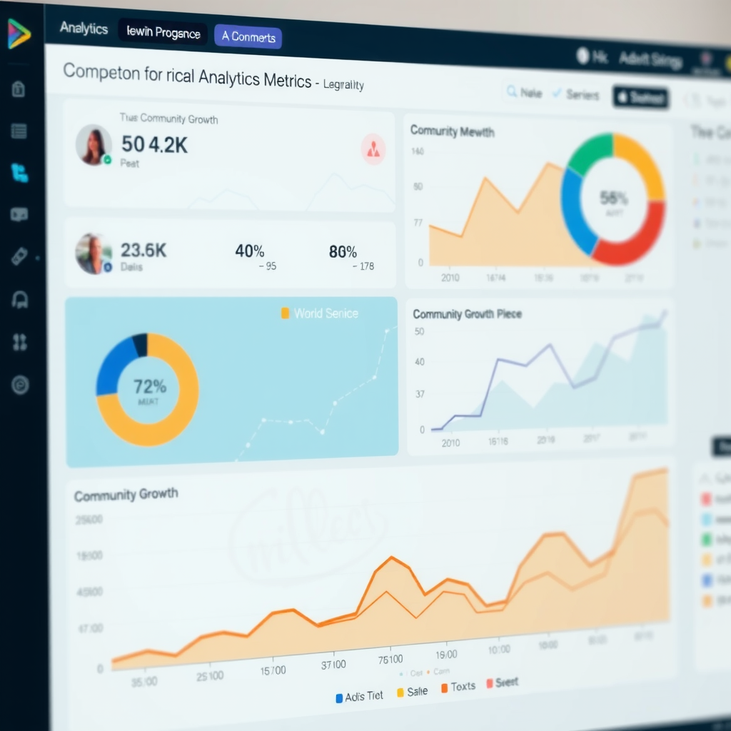 Analytics dashboard showing engagement metrics, comment interactions, and community growth charts with upward trending graphs