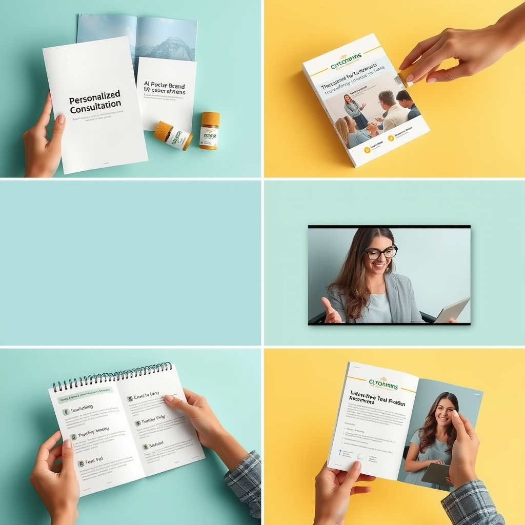 Collage showing various brand experience touchpoints including personalized consultation materials, branded packaging, customer testimonial videos, and interactive workshop materials, all featuring consistent storytelling elements and visual identity