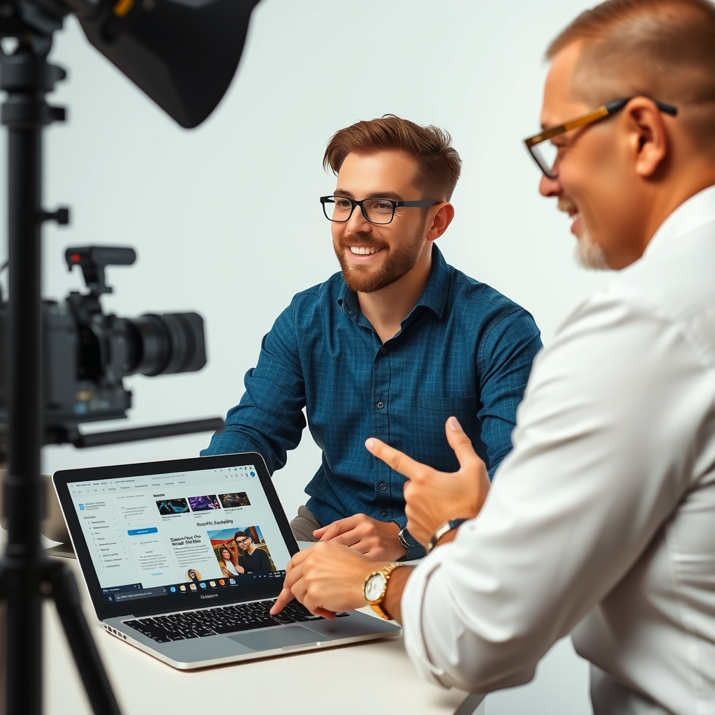 Content creation coaching session showing small business owner learning video production and writing techniques with camera equipment, laptop displaying content calendar, and coach demonstrating authority positioning strategies for sales conversion