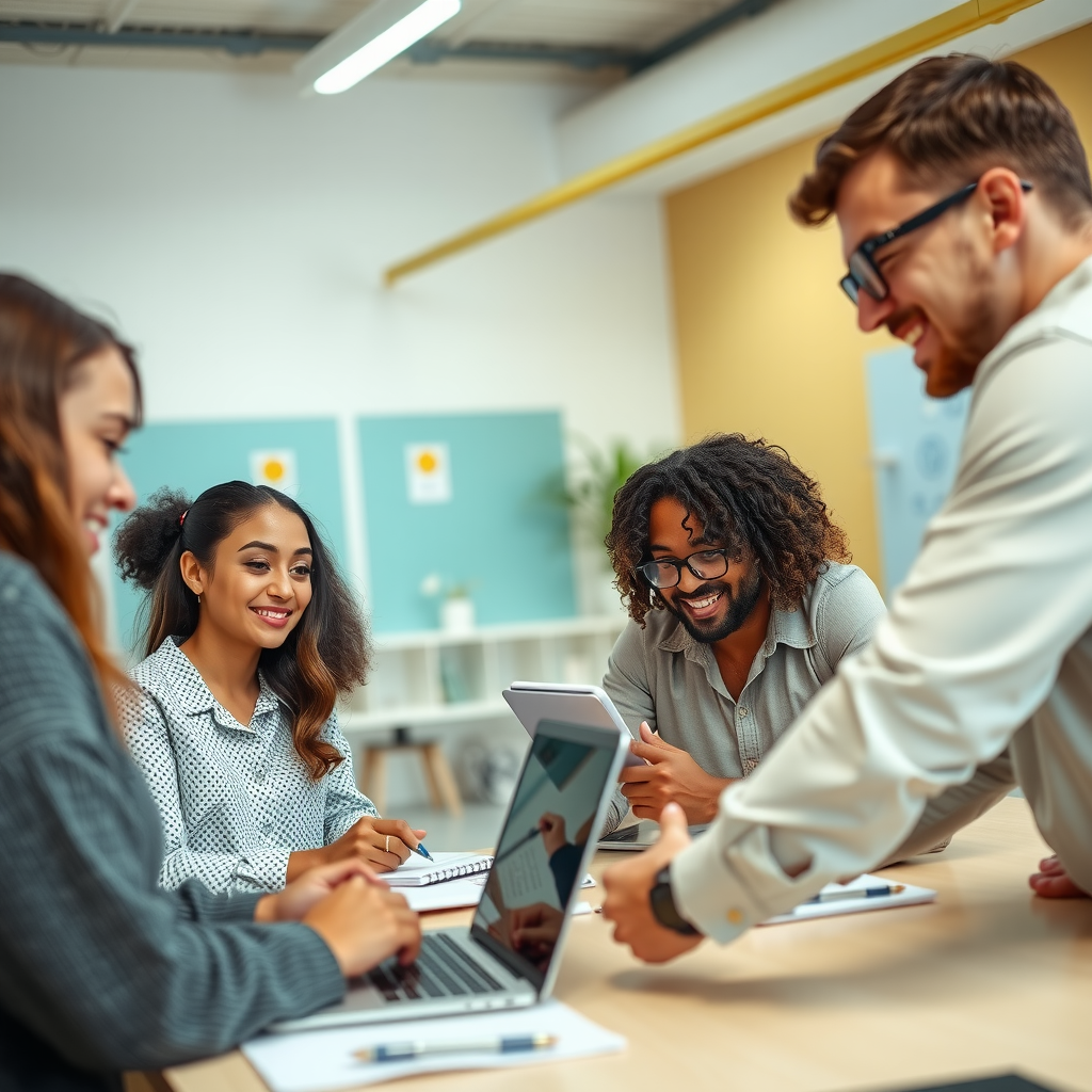 Diverse group of small business owners engaged in workshop activities, working on laptops and notebooks, sharing ideas in small groups, with visible enthusiasm and collaboration in a bright, modern workshop space